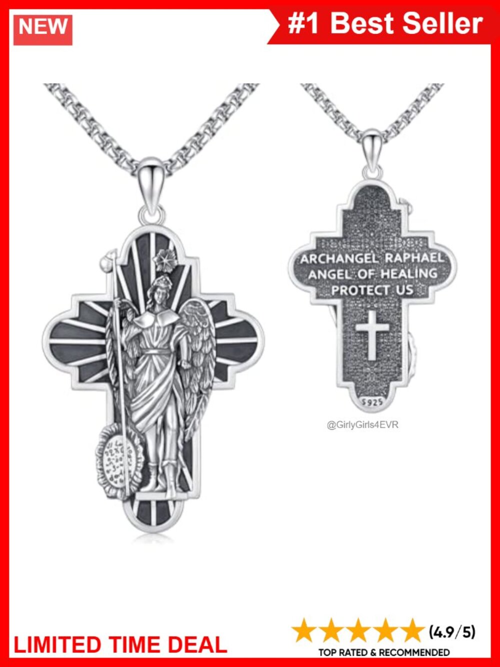 925 Sterling Silver St Raphael Medal Necklace with Cross, 20in Chain